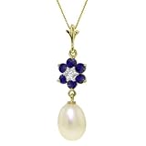14k Solid Gold 18 Necklace with Natural Sapphire Flower and Pearl Pendant