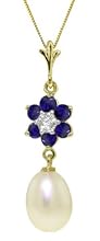 14k Solid Gold 18" Necklace with Natural Sapphire Flower and Pearl Pendant