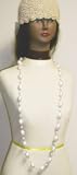 One Strand Large White Beads Separated By Silver and Small Pearls Long Chain Necklace and Earrings for Women and Teens Offered in Combination with Hand Crocheted Pink Chenille and Gimp Tweed Skull Cap