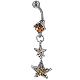 Pugster Dangling Night Stars Champagne Crystal Dangle Belly Ring by Dangling Steel Belly Rings
