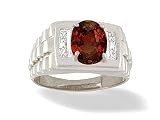 14K White Gold Genuine Oval Garnet and Diamond Men's Ring