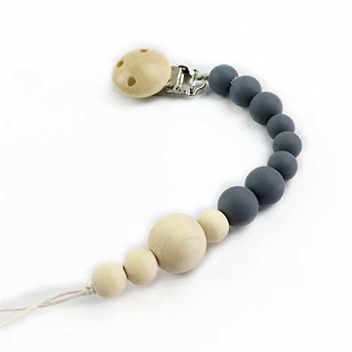 Organic Silicone Pendant Baby Teething Toy(1pc)Unfinished Wooden Beads&Dummy Pacifier Clip Montessori Nursing Shower Gifts-BLACK