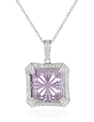 Sterling Silver Flower Back Plate Octagon Amethyst Diamond Pendant Necklace (0.08 cttw, I-J Color, I2-I3 Clarity), 18"