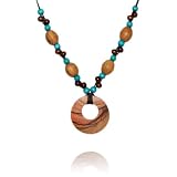 Handmade Olive Wood Small Hoop Necklace with Brown and Turquoise Wooden Beads