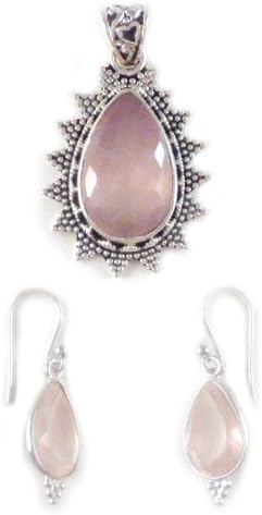 Rose Quartz Tear Drop Star Shine Pendant/Earrings Set Sterling Silver