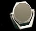 High quality beveled glass mirror. Regular 3x Magnification mirror on one side, plain mirror on the other side. Fold for storage or travel. White plastic stand, 7 and five eights by 7 and five eights. (5 & half inch diameter)