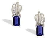 14K White Gold Emerald-cut Created Sapphire and Diamond Earrings