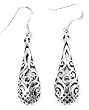 Sterling Silver Filigree Dangle Puffed Teardrop Earrings