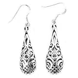 Sterling Silver Filigree Dangle Puffed Teardrop Earrings