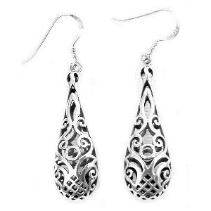 Sterling Silver Filigree Dangle Puffed Teardrop Earrings