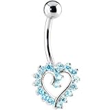 Solid 14KT White Gold AQUAMARINE Cubic Zirconia HOLLOW HEART Belly Ring