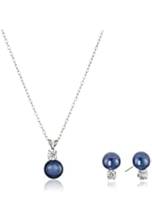 Sterling Silver Cubic Zirconia 7-8mm Freshwater Cultured Pearl Stud Earrings and Pendant Necklace Jewelry Set