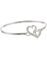 Sterling Silver Double Heart 1/10 ct. t.w. Diamond Catch Bangle Bracelet, 7"