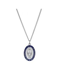 Sterling Silver Miraculous Religious Necklace Virgin Mary W/ Blue Epoxy Border
