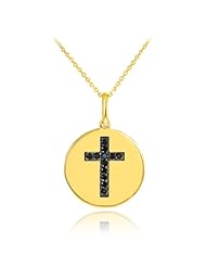 14k Gold Cross Black Diamond Disc Pendant Necklace