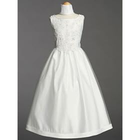 White Satin Communion Baptism Dress with Beaded Applique