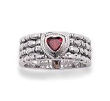 Heart Shaped Genuine Garnet Rhodium Plated Wide Sterling Silver Ring (Size 6,7,8,9)
