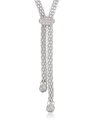 Italian Rhodium Plated Sterling Silver Mesh Lariat Cubic-Zirconia Y-Shaped Necklace, 16"+2" Extender