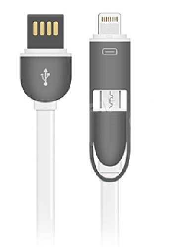 2 in 1 Charging Cord &amp; Data Cable with Micro and Lightning Connectors. Flat cable. Rapid charge and data sync iPhone 5/5C/5S/6/ 6 Plus, iPad, Samsung, HTC, Motorola, Nexus, Nokia, LG, HP, Sony (WHITE)