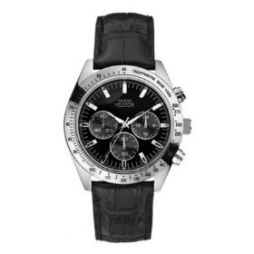 GUESS&reg; #U11507G1 Men's Leather Strap Black Dial Chronograph Watch