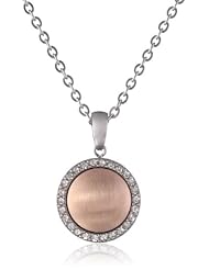 Stainless Steel Rose Gold Plated Satin Finish Round Crystal Pendant Necklace, 16"+2" Extender