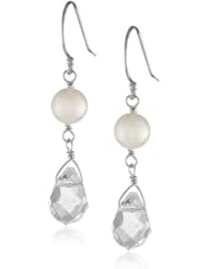 Sterling Silver White Freshwater Cultured Pearl and Crystal Drop Earrings