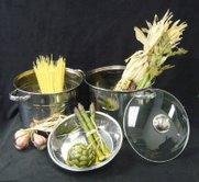 SET/4 S/S 12QT PASTA COOKER / STEAMER WITH CAPSULE BASE AND VENTED GLASS LID.