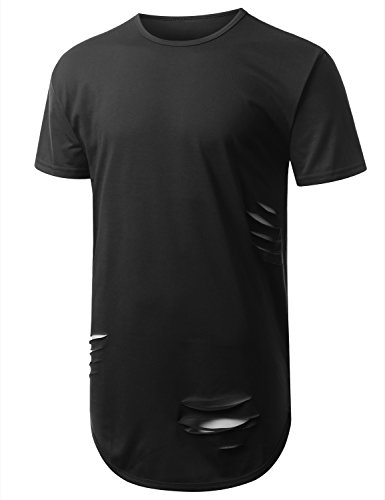 URBANCREWS Mens Hipster Hip Hop Basic Ripped Longline T-shirt BLACK LARGE