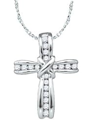 10k White Gold Natural Round Channel-set Diamond Womens Ladies Christian Cross Crucifix Fashion Pendant with 18" Chain - .20 (1/5) Ct.t.w.