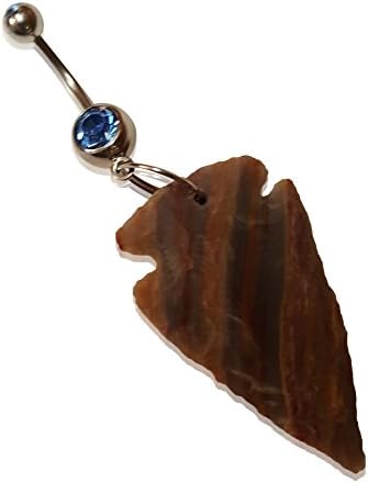 Arrowhead Belly Button Navel Ring With Hand Crafted Agate Chipped Stone/14 Gauge 316L Surgical Stainless Steel Barbell With Baby Blue Rhinestone Charm