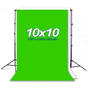Lumenex Studio Heavy Duty 10' x 8.5' Background Stand Backdrop Support System Kit + 10' x 10' 100% Cotton White Muslin Backdrop Background + 10' x 10' 100% Cotton Green Chroma Key Muslin Backdrop Background Photo Portrait Studio