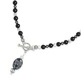 Sterling Silver Black and White Multi-Gemstone Beaded Necklace with Snowflake Obsidian Drop