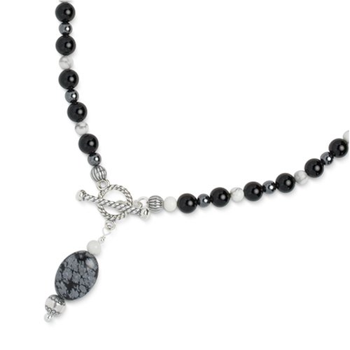 Sterling Silver Black and White Multi-Gemstone Beaded Necklace with Snowflake Obsidian Drop
