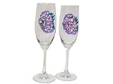 ArtisanStreet's Hydrangea Toasting Flutes. Set of Two Champagne Glasses Feature Blue & Purple Hydrangeas on Clear Crystal. Hand Painted, One of a Kind, Signed by Artisan