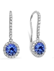 2.80Ct Round Sapphire & VS Diamond Hanging Earrings 18k Gold