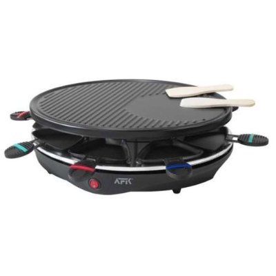 AFK Germany - ovaler Raclette Grill zum Grillen und Überbacken - 8 Pfännchen + 2 Holzspatel - 1200 Watt Power für bis zu acht Personen