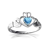 14K White Gold Heart Genuine Blue Topaz Celtic Claddagh Ring