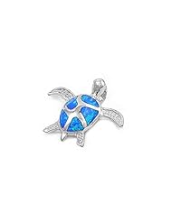 Sterling Silver Blue Lab Opal Sea Turtle Pendant Unique Charm Pure 925 New 17mm with 1.3mm Curb Chain