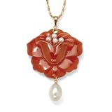 14K Gold Jade Red and Cultured Freshwater Pearl Pendant/Pearl Enhancer
