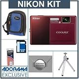 Nikon Coolpix S70 12.1 Megapixel Digital Camera Kit,- Red - With 8GB SD Memory Card, Spare EN EL-12 Lithium-Ion Battery, Camera Case, 2 Year Extended Service Coverage, Table Top Tripod,