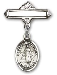 Sterling Silver Baby Badge with Blessed Karolina Kozkowna Charm and Polished Badge Pin