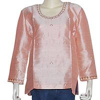 Womens Pink Shirt Silk Long Sleeve Top Blouse Embroidery Size L