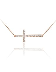 14k Rose Gold Sideways Diamond Cross Pendant Necklace for Women