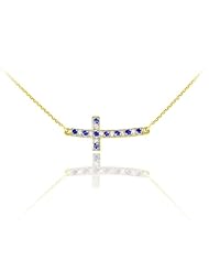 14k Gold Diamond and Sapphire Sideways Curved Cross Necklace
