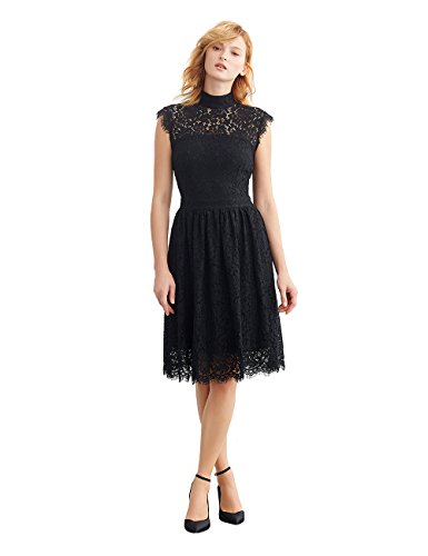 Simple Retro Women's 1950s Mock Neck Cap Sleeve Lace Cocktail Pleated Dress