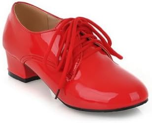 VogueZone009 Womens Closed Round Toe Patent Leather PU Solid Kitten Heels Pumps with Bandage, Red, 7.5 B(M) US