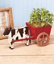Wooden Farm Cow with a Cart Garden Yard Flower Planter 13-5/8" X 7-1/8" X 6-1/4" Each, Overall