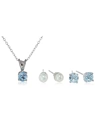 Sterling Silver, Sky Blue Topaz and White Chinese Freshwater Cultured Pearl (4.5-5mm) Earrings and Pendant Necklace (18") Jewelry Set