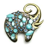 Blue Beads & Austrian Rhinestone Elephant Design Brass-Tone Brooch Pin