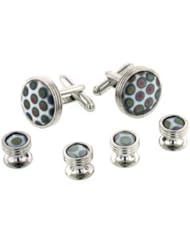 JJ Weston silver plated white peacock art glass cufflinks and shirt stud formal set with presentation box. Made in the U.S.A